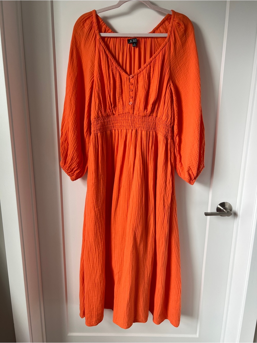 J. Crew Bright Orange Smocked Midi Dress